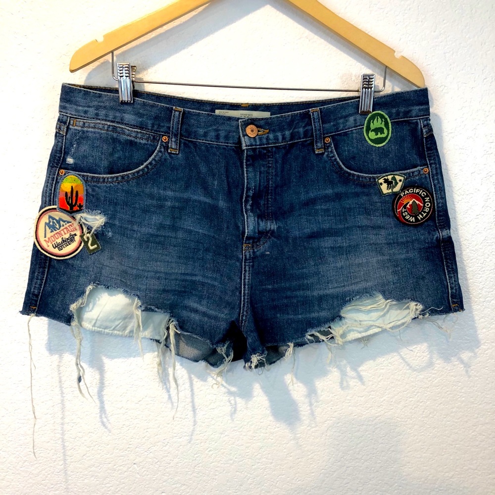Topshop Blue Distressed Jean Shorts with Patch Details